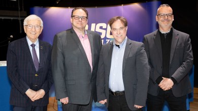 Louis Plamondon, Bloc Québécois, Yanick Lapierre, Parti Vert, Michel Plourde, Parti Conservateur du Canada, et Pierre Tousignant, Parti Libéral du Canada, crédit photo : Philippe Manning, Sorel-Tracy Info