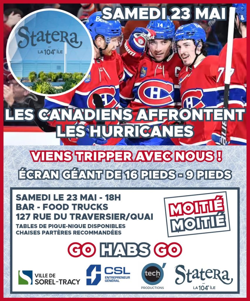 Poster publicitaire pour un match de hockey: les Canadiens contre les Hurricanes, samedi 23 mai à 18h, avec logos et texte en blanc et rouge sur fond gris/bleu.