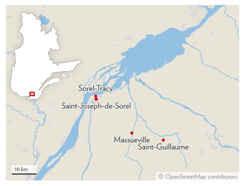 Map of Quebec near Sorel-Tracy showing red markers at Sorel-Tracy, Saint-Joseph-de-Sorel, Massueville, and Saint-Gillaume.