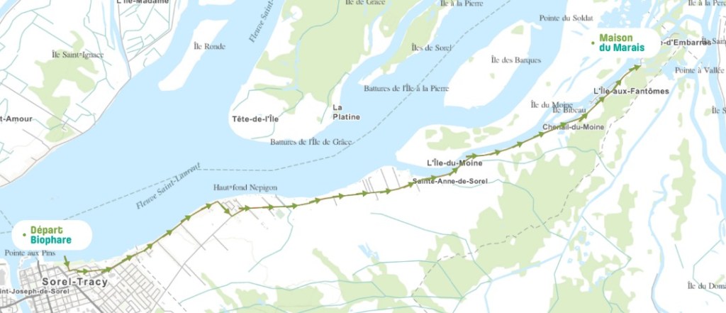 Map showing a marked route from Départ Biophare in Sorel-Tracy to Maison du Marais along a river path with green arrows highlighting the course.