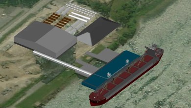 Vue conceptuelle du futur terminal portuaire projeté dans la zone industrialo-portuaire de Sorel-Tracy, sur les terrains de l’ancienne centrale thermique d’Hydro-Québec à Tracy. (Image : QSL)