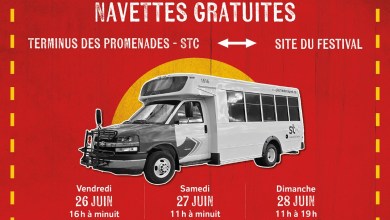Poster publicitaire en français : navettes gratuites entre le Terminus des Promenades et le Site du festival, avec horaires 26-28 juin et un bus blanc illustré sur fond rouge.