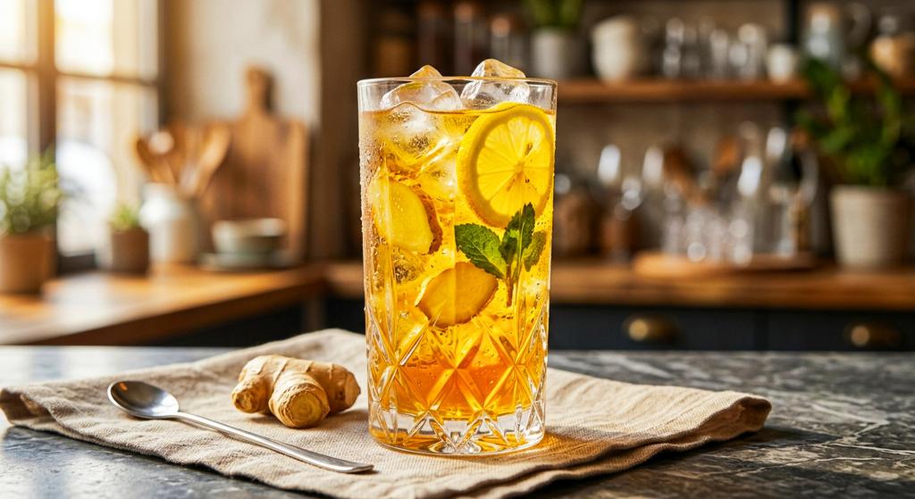 Crystal glass of iced lemonade with lemon slices and mint on a cloth napkin at a bar.