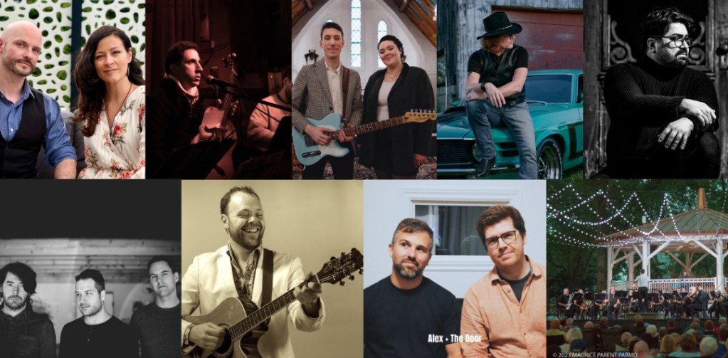 Collage of musicians in various settings: studio performance, guitar duo, and an outdoor band under string lights.