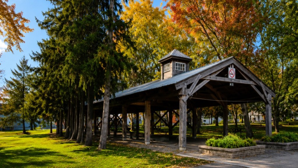 Open-air wooden pavilion in a grassy park, surrounded by autumn trees with orange and yellow leaves, picnic tables visible underneath.