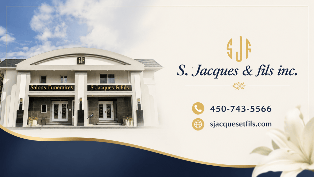 Front view of S. Jacques & Fils funeral home with signs 'Salons Funéraires' and 'S. Jacques & Fils'.