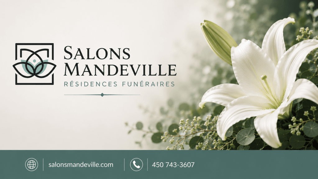 Salons Mandeville logo and name with ‘Résidences Funéraires,’ white lilies on the right, and a teal footer with contact info.