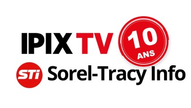 Logo showing 'IPIX TV' in black/red with a red circular '10 ANS' badge and 'Sorel-Tracy Info' with the red STi emblem, celebrating 10 years.