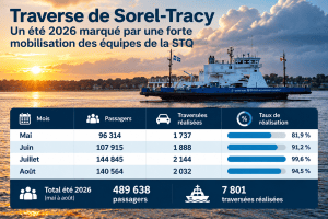 Infographie du bilan estival 2026 de la traverse Sorel-Tracy–Saint-Ignace-de-Loyola présentant les passagers, les traversées réalisées et les taux de réalisation de mai à août.