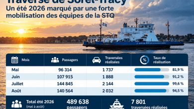 Infographie du bilan estival 2026 de la traverse Sorel-Tracy–Saint-Ignace-de-Loyola présentant les passagers, les traversées réalisées et les taux de réalisation de mai à août.